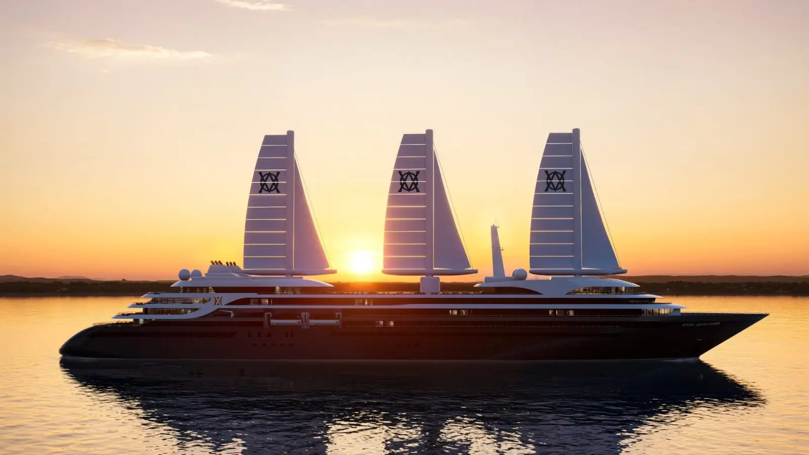 Atlas Adventurer’s Inaugural Season 2028-29 Introduces First-Ever Asia And Africa Expeditions 4 Atlas Adventurer luxury expedition yacht render with three sail-assisted masts at sunset