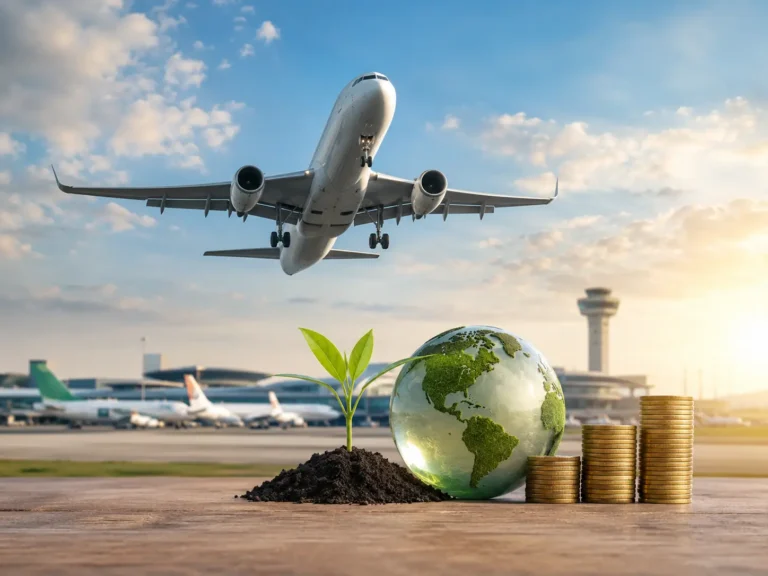 Commercial aircraft flying above an airport beside a globe, plant and stacked coins representing sustainable aviation finance