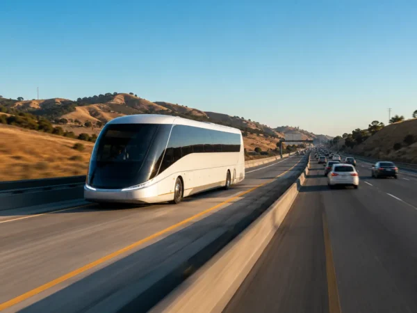 Futuristic high-speed bus travelling in a dedicated express lane on a California freeway with dry hills and traffic under warm afternoon light.