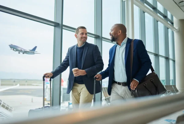 Two business travellers walk through a modern airport terminal with carry-on luggage as an aircraft takes off outside the window.