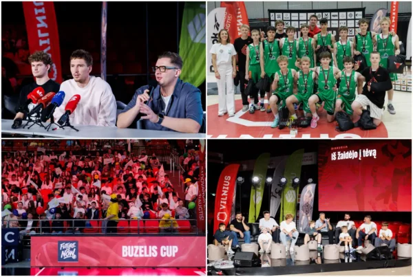 A four-panel collage from BuzelisCup 2026 in Vilnius, Lithuania. Top left shows three men including Matas Buzelis speaking at a press conference with microphones. Top right shows a youth basketball team in green jerseys posing with medals inside an arena. Bottom left shows a packed crowd of young spectators in a red-lit arena with Buzelis Cup branding. Bottom right shows a panel discussion on stage in front of a large screen displaying the City of Vilnius branding.