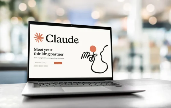 Home 13 Laptop displaying Anthropic Claude AI interface on a desk in a modern office setting