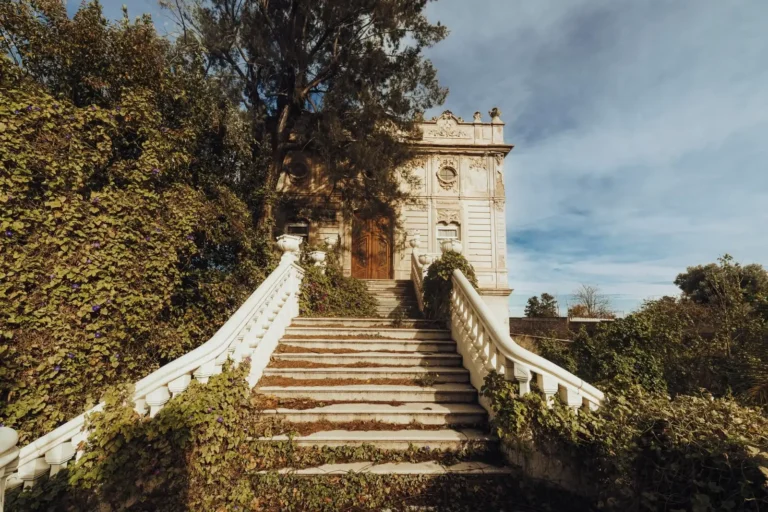 Grand stone staircase with white balustrades leading to the ornate baroque facade of the Convent Carmen complex in Valencia, surrounded by lush climbing plants and mature trees