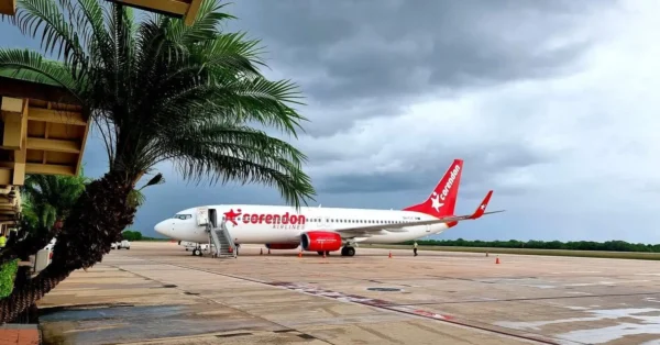 A Corendon Airlines Boeing 737 parked on the tarmac at a La Romana International Airport in the Dominican Republic, with a palm tree in the foreground and storm clouds gathering overhead