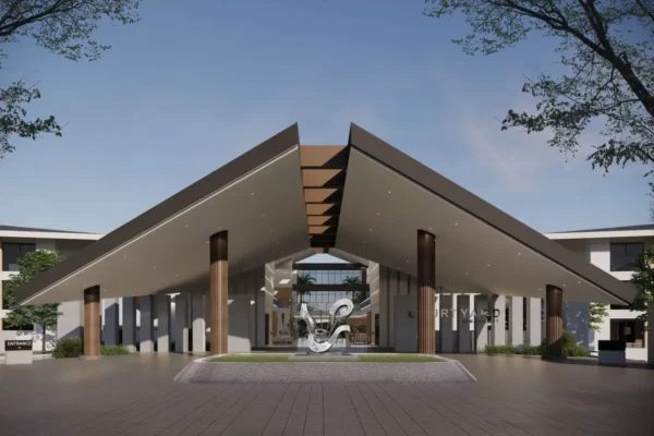 Home 5 Exterior facade of Courtyard by Marriott Manado with dramatic angular roofline and sculpture at entrance