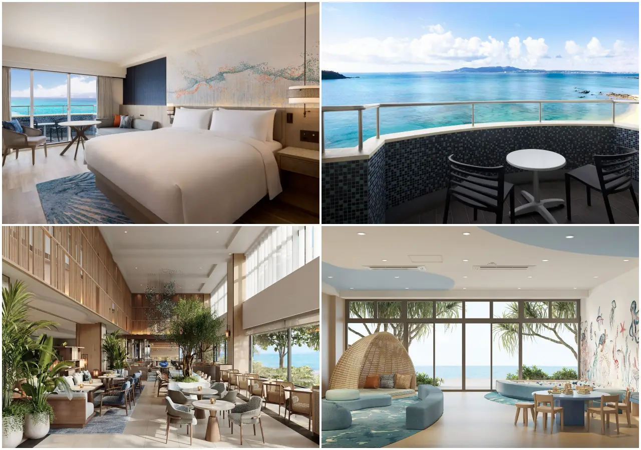 Courtyard By Marriott Debuts In Okinawa With A New Beachfront Escape 3 Collage showing guest room, ocean-view balcony, resort lobby and children's play area at Courtyard by Marriott Okinawa Resort in Nago, Japan.