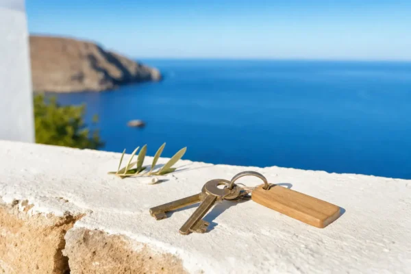 Home 1 Keys for a holiday rental overlooking the sea in Crete, symbolising self-catering accommodation and authentic island stays in Greece.