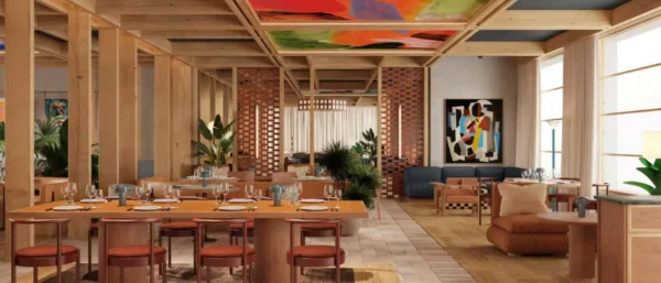 Interior rendering of Cuber House Valencia showing the La Naviera restaurant dining area with warm timber columns, terracotta stools, colourful ceiling artwork and tropical plants