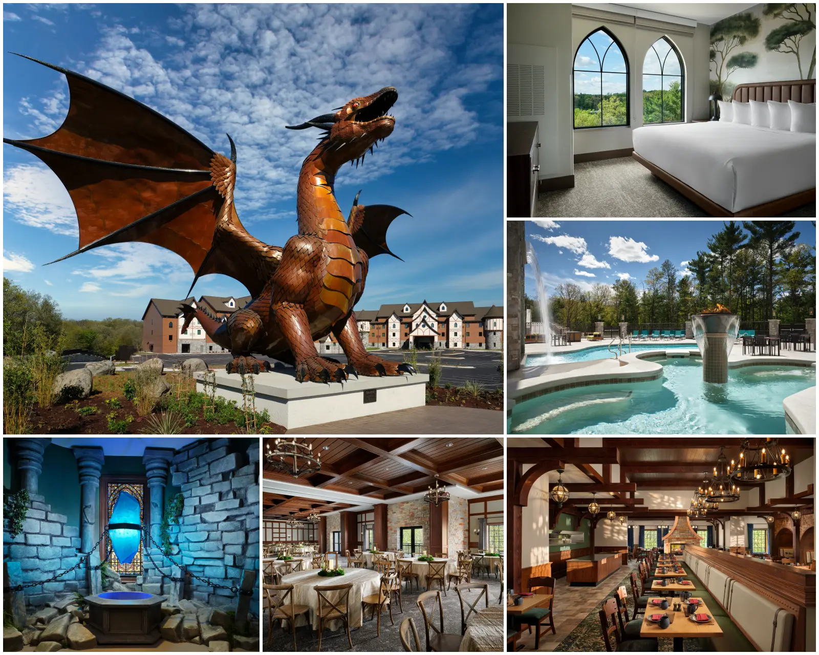 Wisconsin Dells Gets Its First Fantasy Resort And It Comes With A Dragon 3 Collage of Dellshire Resort featuring the giant dragon sculpture, themed guest room, pool complex, medieval-inspired interiors and dining venues in Wisconsin Dells.