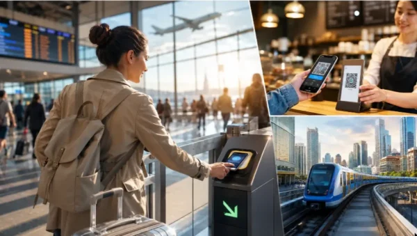Traveler using contactless digital payment at airport transit gate alongside QR code mobile payment and modern urban metro system
