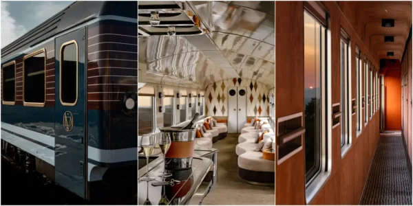 A three-panel image showing the La Dolce Vita Orient Express: the deep blue and gold exterior of the train carriage, an elegantly designed lounge car with curved white sofas, diamond-patterned walls and champagne on ice, and a warm wood-panelled corridor with panoramic windows at sunset