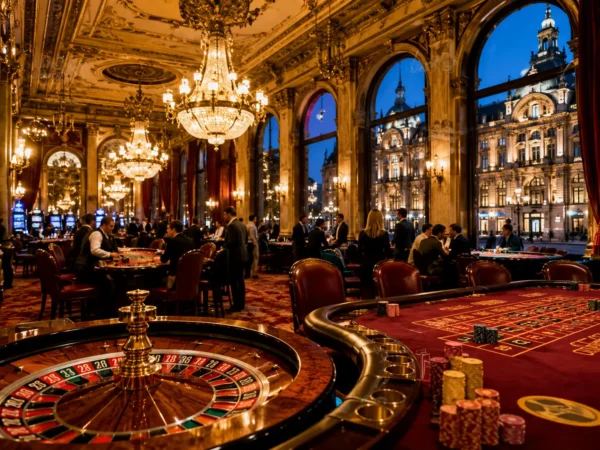 Home 7 Elegant European casino interior with roulette tables, chandeliers and guests enjoying an evening in a historic city centre venue.