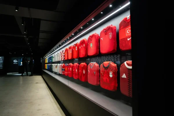 A glass display case at the FIFA Museum's "Legacies of Champions" exhibition in New York showing rows of red and white national team jerseys, including Turkey, lit from above in a dark gallery space.