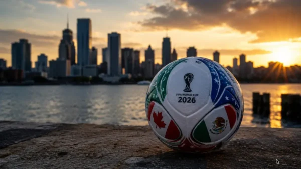 FIFA World Cup 2026 official match ball featuring the flags of Canada, USA and Mexico against a city skyline at sunset