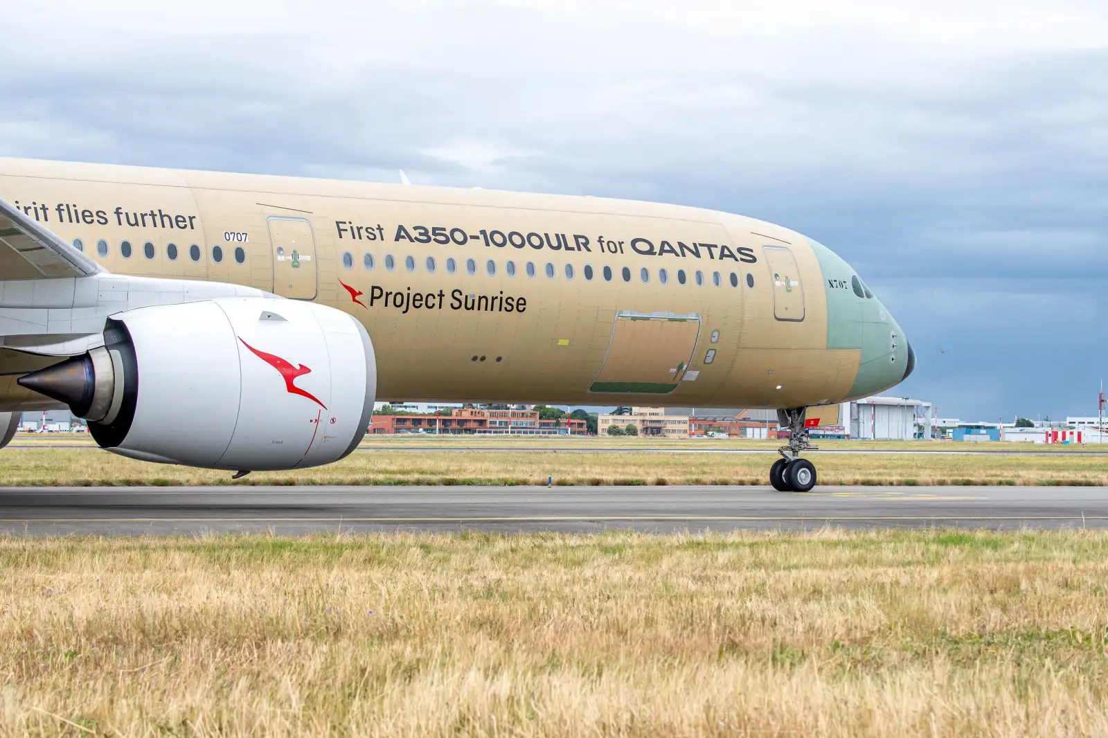 Unpainted first Airbus A350-1000ULR for Qantas marked Project Sunrise taxiing on the runway in Toulouse