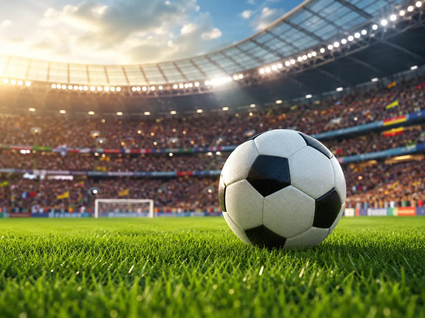 Soccer ball on a football stadium pitch with a packed crowd and bright stadium lights