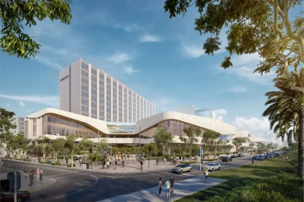 Artist's rendering of the Nyaal Banyul Geelong Convention and Event Centre with adjacent hotel and landscaped public spaces