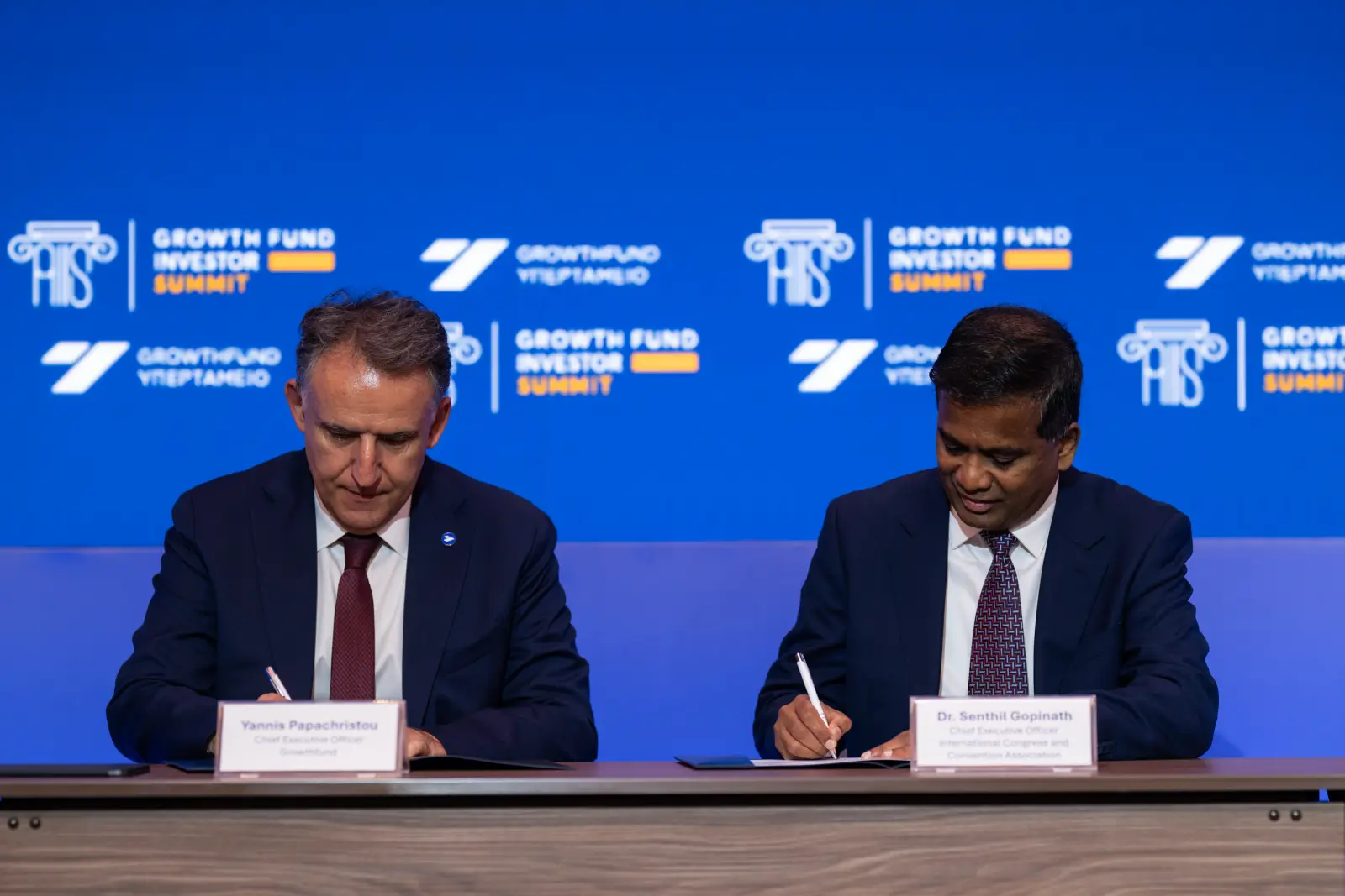 Hellenic Growth Fund CEO Yiannis Papachristou and ICCA CEO Dr. Senthil Gopinath sign a memorandum of understanding at the Growthfund Investor Summit 2026 in Athens