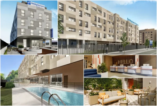 Collage of new Holiday Inn Express hotels in Spain, featuring exterior views, swimming pool, lobby and guest facilities planned for Madrid, Málaga and Barcelona.