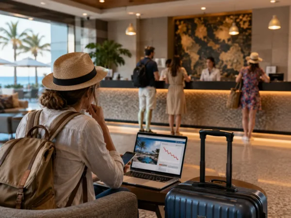 ALT text: Traveler in a hotel lobby checking travel information as European tourism businesses face weaker future booking demand.