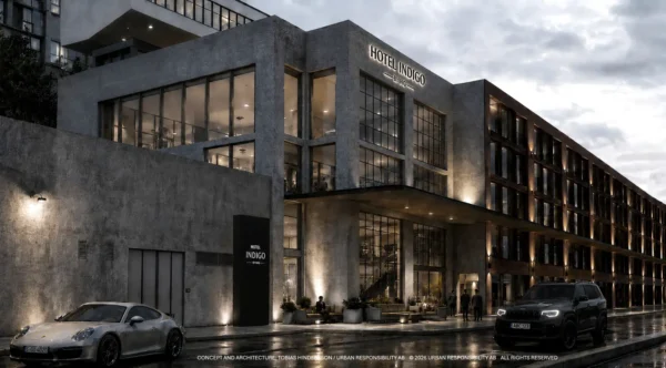 Home 9 Exterior rendering of Hotel Indigo Stockholm Kvarnholmen, showing a modern waterfront lifestyle hotel with large glass façades, contemporary Scandinavian architecture, illuminated entrance, and evening city atmosphere.