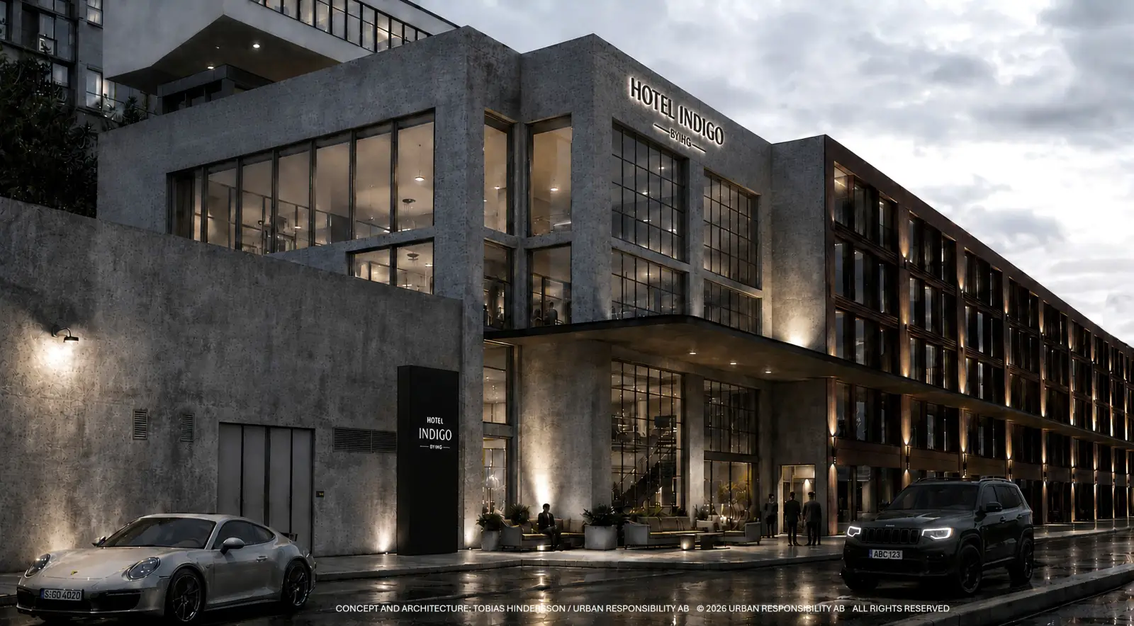 Exterior rendering of Hotel Indigo Stockholm Kvarnholmen, showing a modern waterfront lifestyle hotel with large glass façades, contemporary Scandinavian architecture, illuminated entrance, and evening city atmosphere.