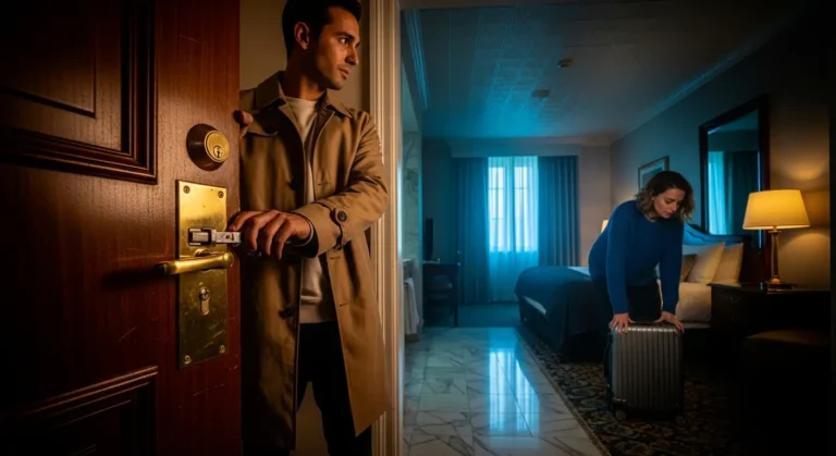 Traveler secures the hotel room door while a companion unpacks luggage, highlighting the importance of checking locks and room safety upon arrival.
