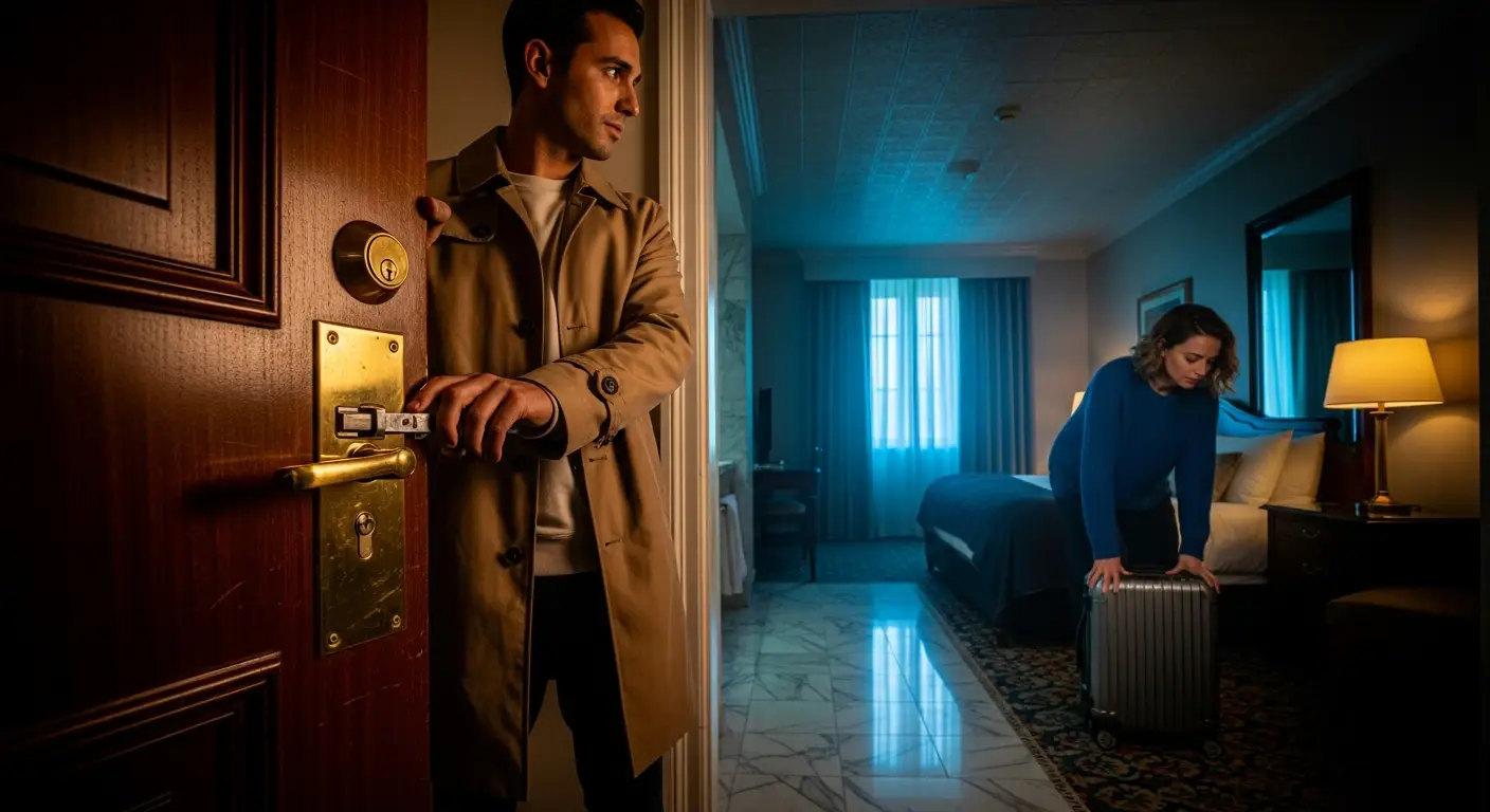 Traveler secures the hotel room door while a companion unpacks luggage, highlighting the importance of checking locks and room safety upon arrival.