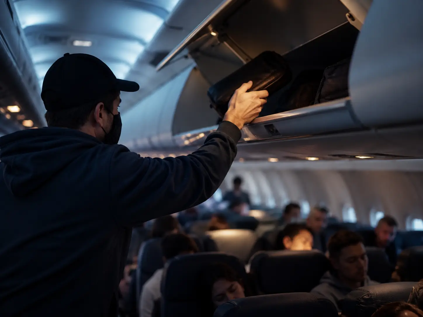 Passenger reaching into an overhead luggage compartment on a long-haul flight while other travelers sit in the cabin, illustrating growing concerns about in-flight theft.
