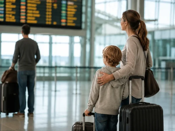 Separated parent and child at an airport during international relocation after divorce