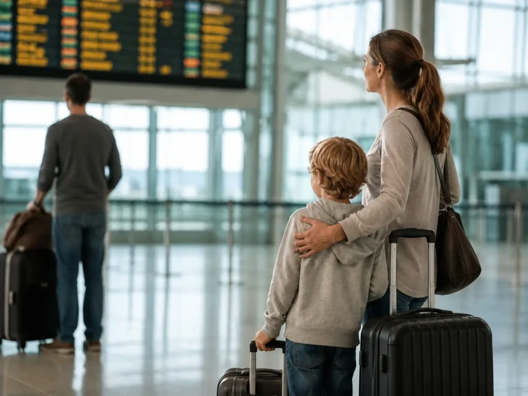 Separated parent and child at an airport during international relocation after divorce