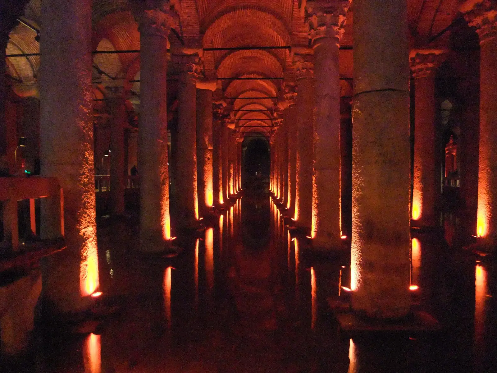 Interior view of Istanbul’s Basilica Cistern with illuminated ancient columns reflected in the water