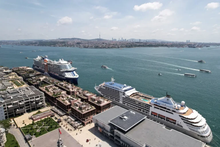 Cruise Travel 23 Cruise ships docked at Galataport Istanbul with the Bosphorus and Istanbul skyline in the background