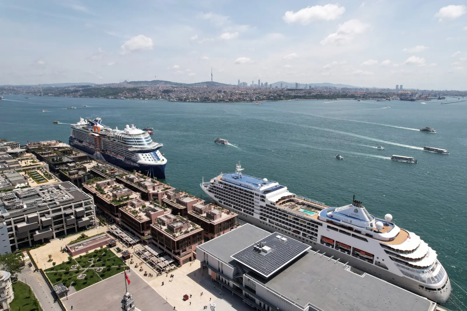 Cruise ships docked at Galataport Istanbul with the Bosphorus and Istanbul skyline in the background