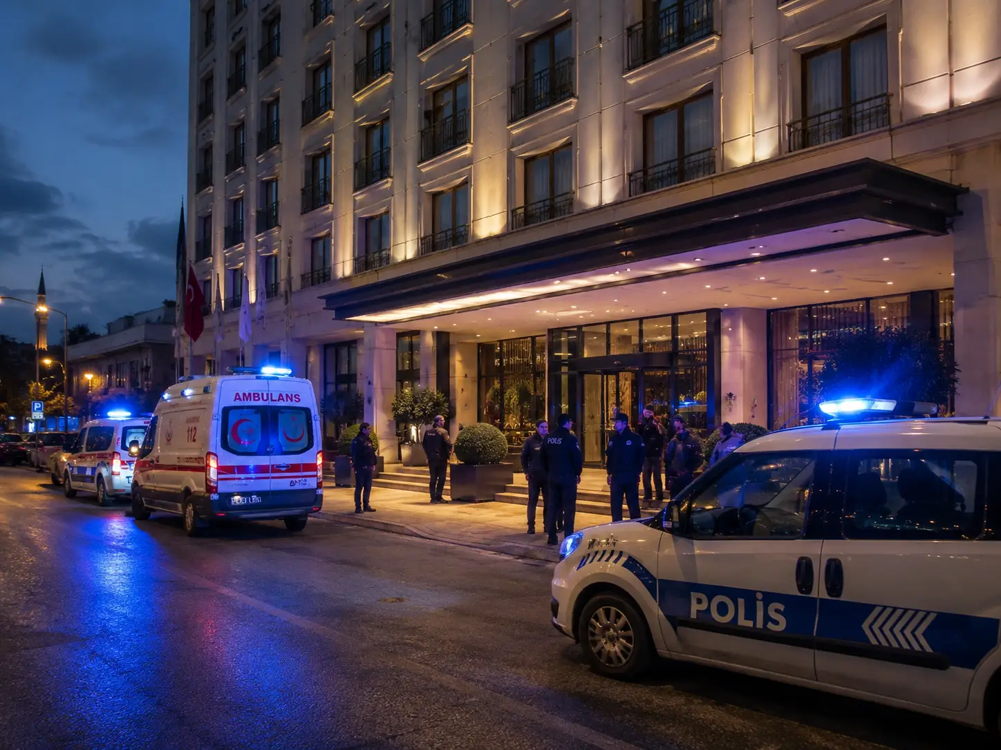 Police officers and ambulances outside a hotel in Istanbul during an emergency response following a serious incident under investigation.