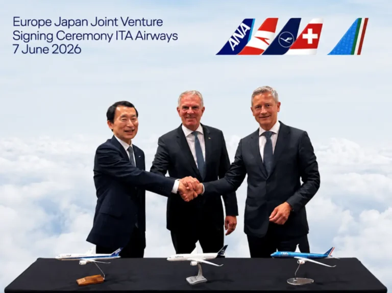 Executives from ANA, Lufthansa Group and ITA Airways shaking hands at the Europe Japan Joint Venture signing ceremony on 7 June 2026