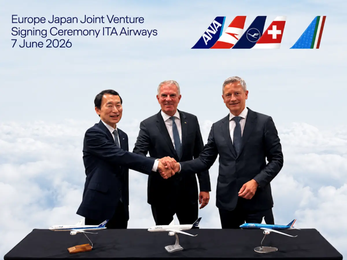Executives from ANA, Lufthansa Group and ITA Airways shaking hands at the Europe Japan Joint Venture signing ceremony on 7 June 2026