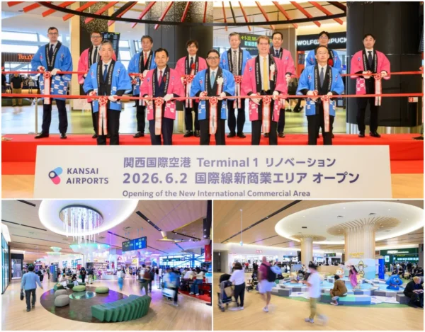 Kansai Airport officials celebrate the opening of the new international commercial area alongside renovated Terminal 1 interiors