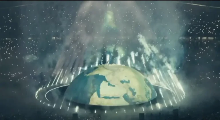 Tours 28 A giant globe-shaped stage at Ataturk Olympic Stadium in Istanbul on 30 May 2026, with the silhouette of Kanye West standing at its peak surrounded by laser beams, smoke effects and the lights of 118,000 fans filling the stadium