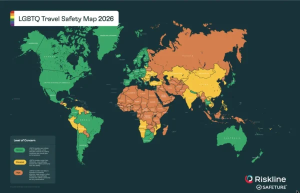 The LGBTQ Travel Safety Map 2026 by Riskline and Safeture, a world map color-coded by level of concern for LGBTQ travelers. Green marks normal-risk countries including most of the Americas, Western Europe and Australia, yellow marks elevated-risk countries such as Kazakhstan, Mongolia, China and India, and orange marks high-risk countries across Russia, the Middle East, North Africa and much of Sub-Saharan Africa. A legend in the lower left explains the three categories.