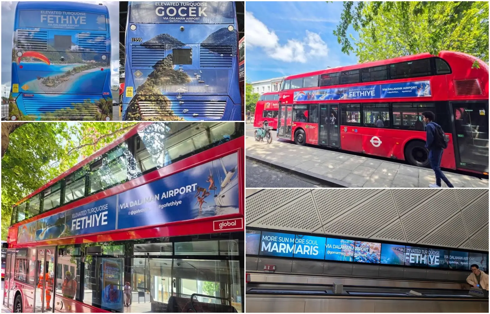 London tourism campaign promoting Fethiye, Marmaris and Göcek through double-decker buses, Underground advertising and outdoor displays linked to Dalaman Airport.