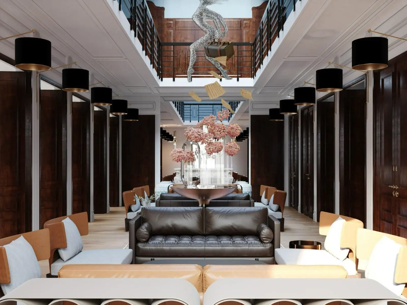 Interior lobby of L’Union Han Istanbul featuring restored historic architecture, contemporary furnishings and a suspended art installation.