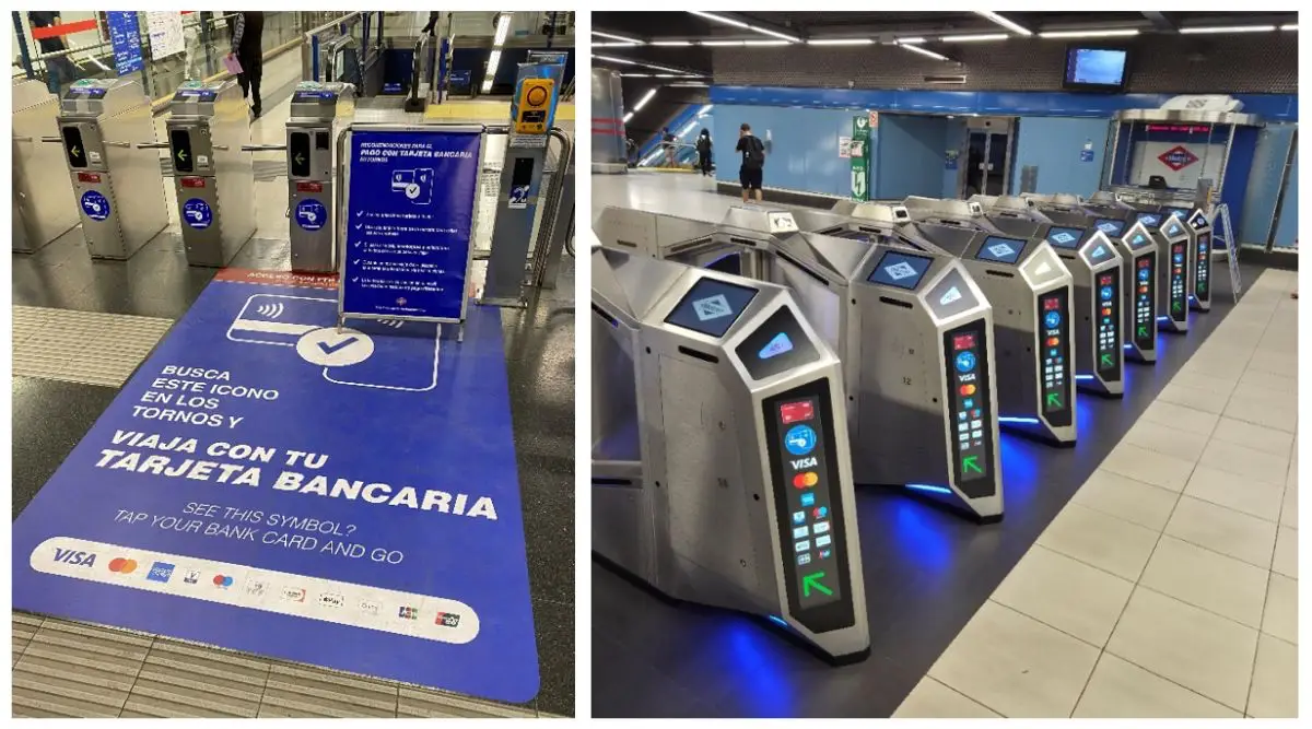 Metro de Madrid fare gates equipped with contactless payment readers allowing passengers to tap bank cards and mobile wallets for entry