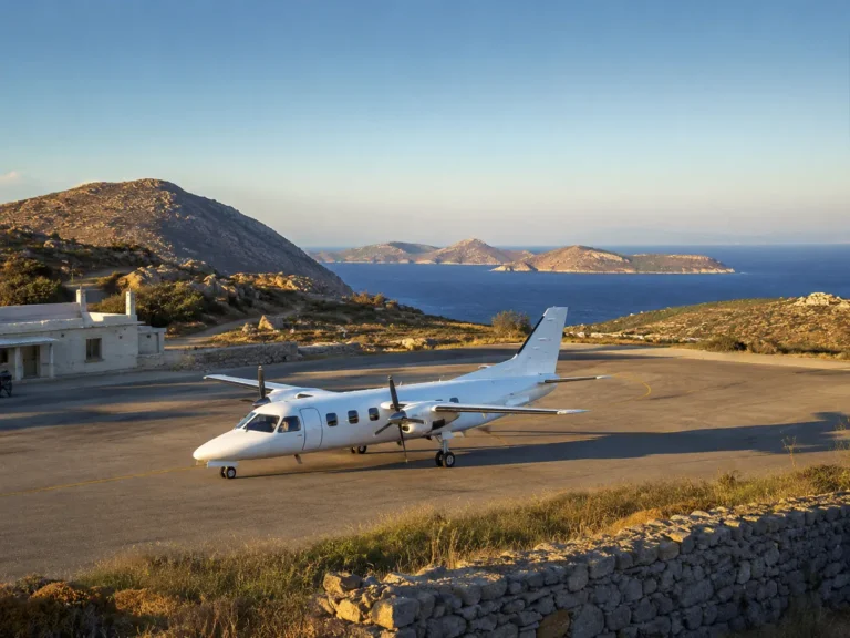 Aviation 21 Twin-engine turboprop passenger aircraft parked on a small Mediterranean island airstrip with rocky hills and deep blue sea in the background during golden hour.