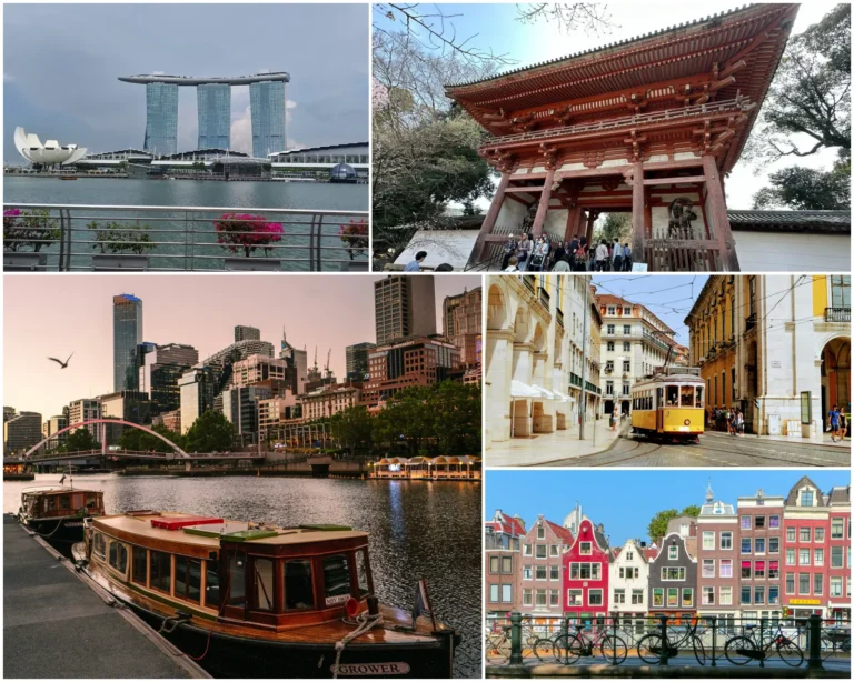 Tours 19 Collage of leading expat destinations including Lisbon, Amsterdam, Melbourne, Singapore and Tokyo featured in a global livability ranking.