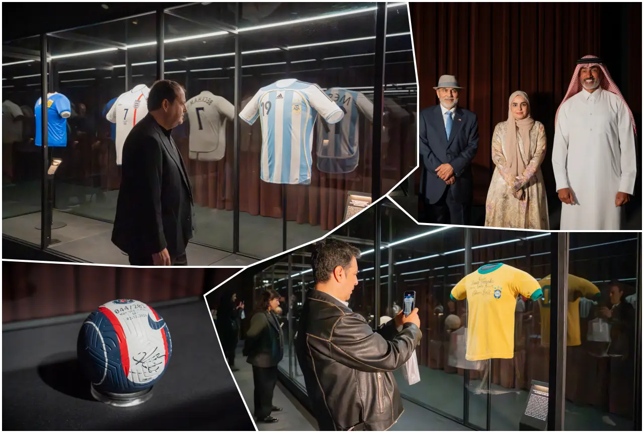Maradona, Messi, Beckham: A Football History Exhibition Opens Just In Time In Mexico City 3 Collage of scenes from the Objects of Glory exhibition opening at Museo Jumex in Mexico City, showing iconic football jerseys in display cases, a signed match ball, a visitor photographing a yellow Brazil shirt, and officials posing at the launch event