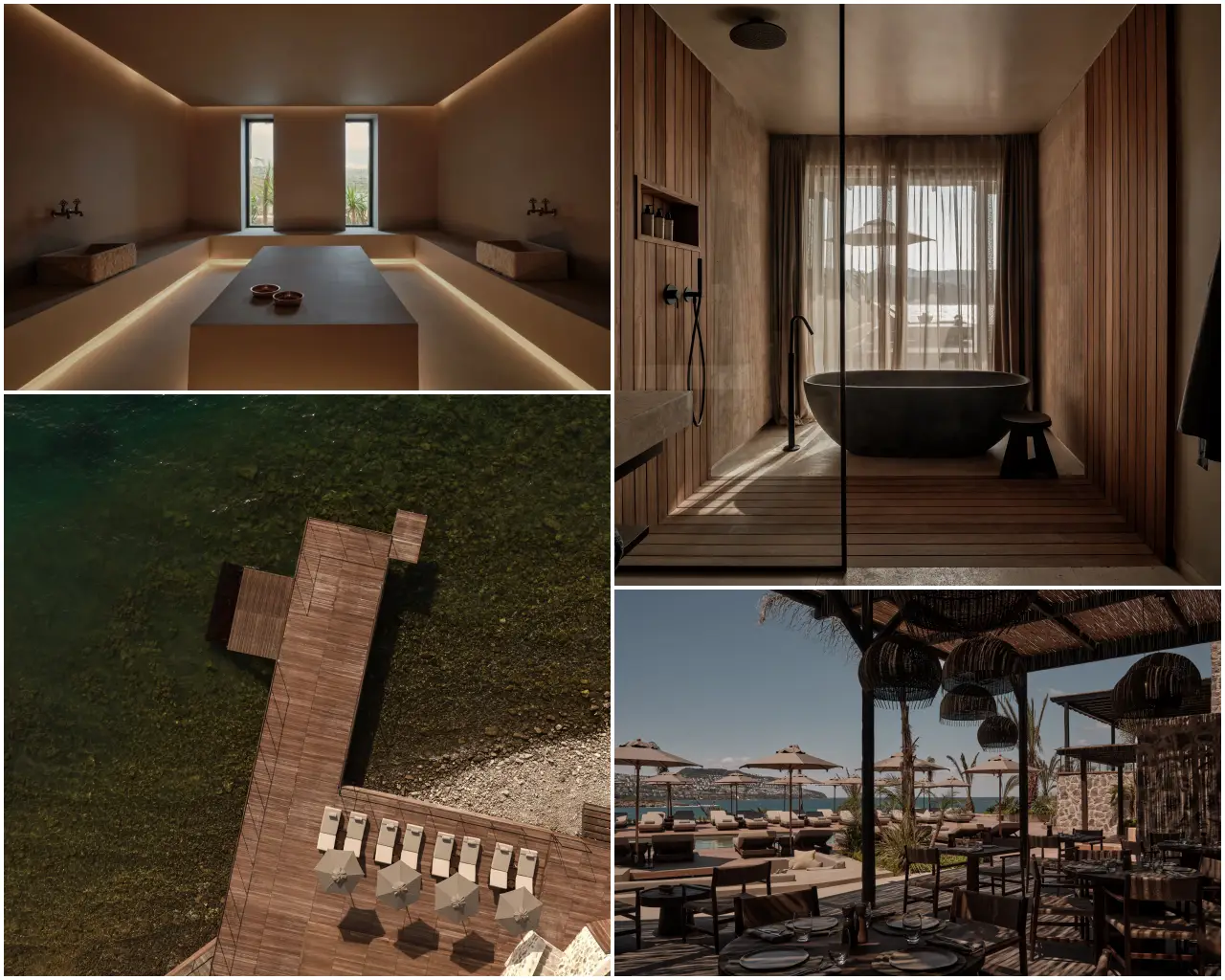 Oku Hotels Launches 58 Room Adults Only Resort In Bodrum, Türkiye 3 A four image collage of OKU Bodrum showing a hammam with stone basins and sea view windows, a freestanding dark stone bathtub in a wood paneled bathroom, an aerial view of a wooden jetty with sun loungers extending into turquoise water, and an outdoor restaurant terrace with woven pendant lights overlooking the coastline.