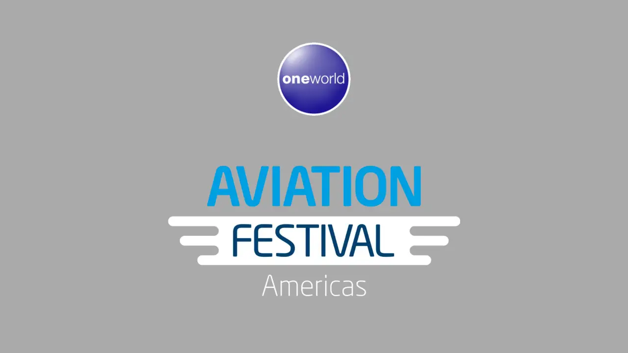 oneworld alliance logo above the Aviation Festival Americas logo on a grey background.
