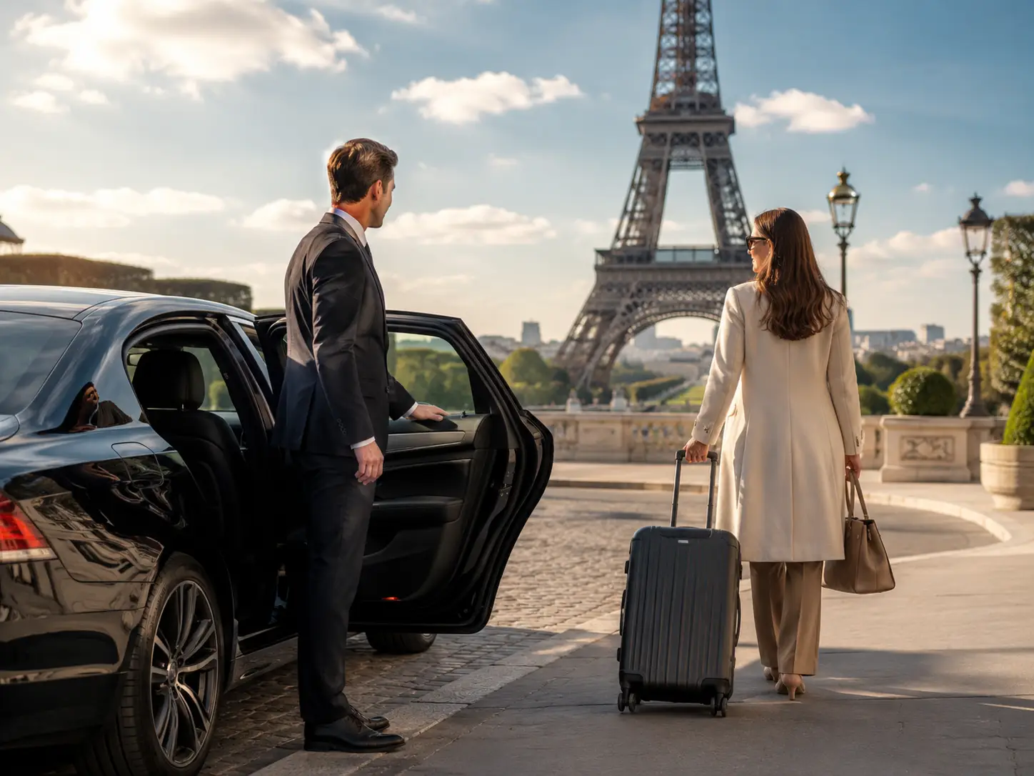 A chauffeur welcomes a traveler with luggage beside a luxury car near the Eiffel Tower, illustrating personalized airport transfer services in Paris.