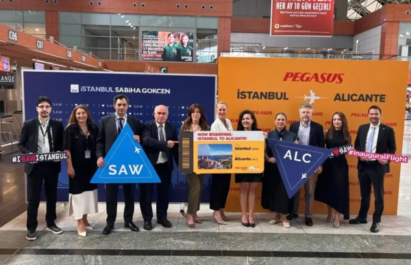 Pegasus Airlines and Istanbul Sabiha Gokcen Airport officials celebrate the launch of direct flights between Istanbul and Alicante